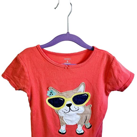 Carters Girls Size 6 Giant Sunglasses Dog Applique Tee Shirt Coral Orange - Picture 2 of 5